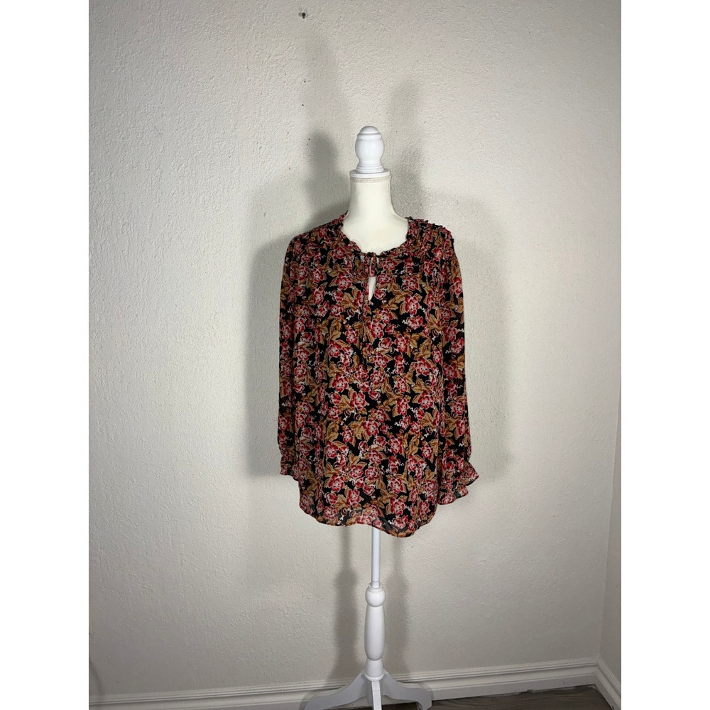 Rose + Olive‎ Black Floral Peasant Blouse - 2X - Ruffle Keyhole Boho Romantic